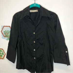 Farinaz Taghavi fitted shirt button up contrast stripes corporate goth grunge 8